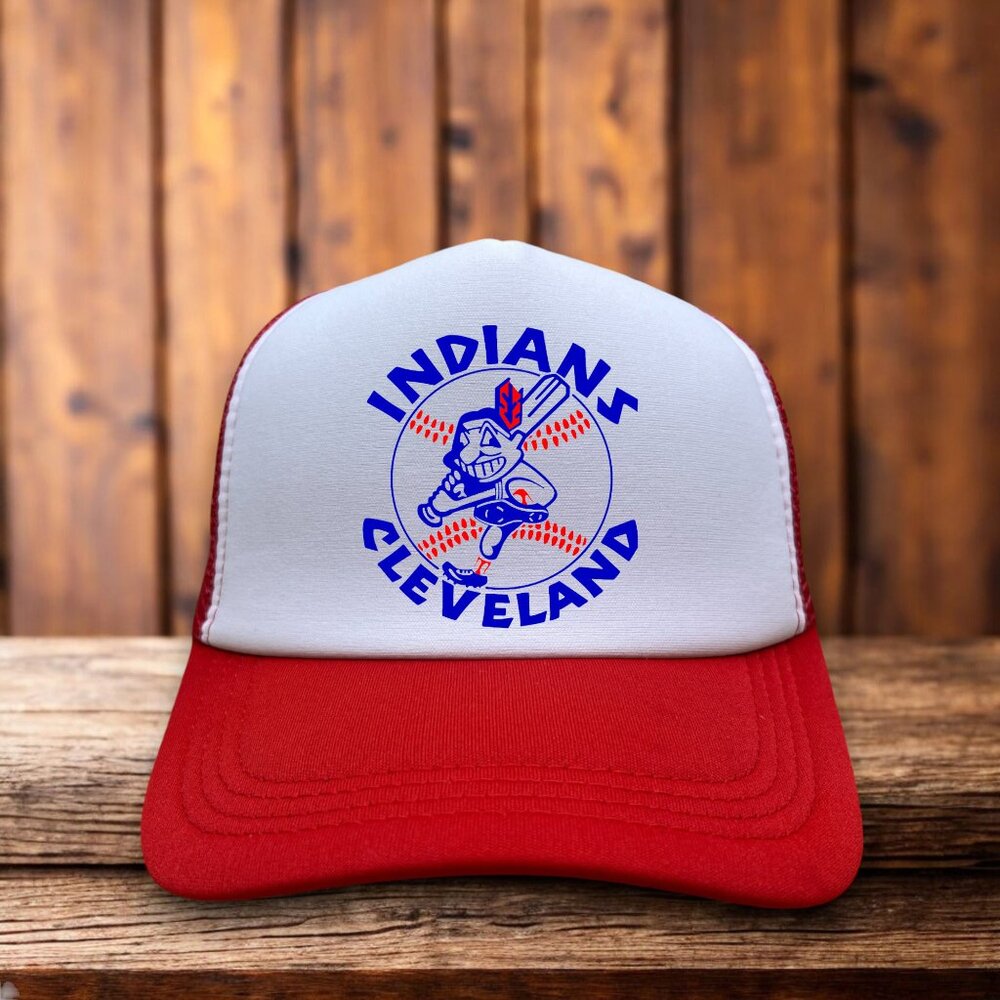 Cleveland Indians Mens Trucker Hat Red Snapback 1973 Vintage Logo Baseball Cap